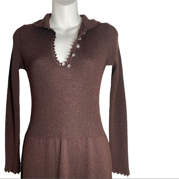 Vintage 60s Goldworm Knit Ribbed Crochet MIDI Chocolate Brown Sweater Dress XS - Picture 7 of 17